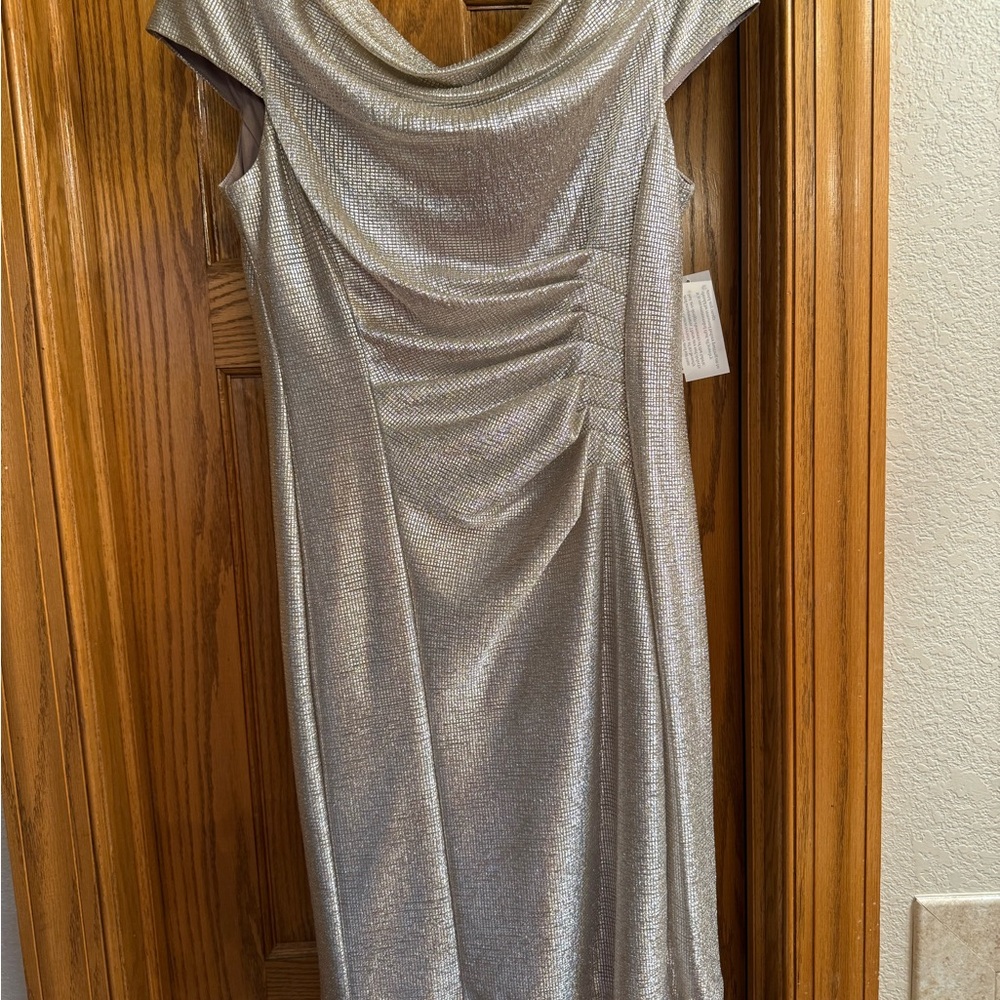 Alex Evenings Silver Midi Dress with Cowl Neck